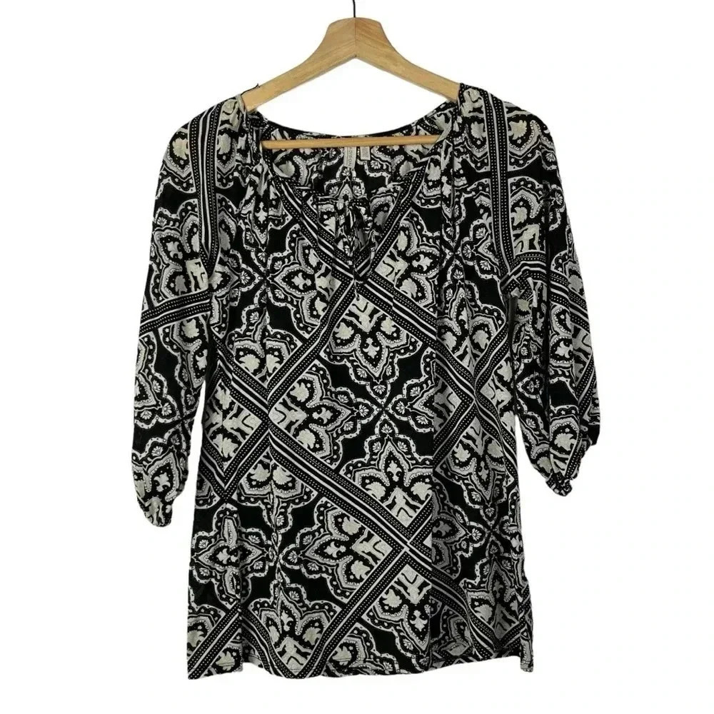 Madison Black & White Printed Tie Neck Long Sleeve Blouse S